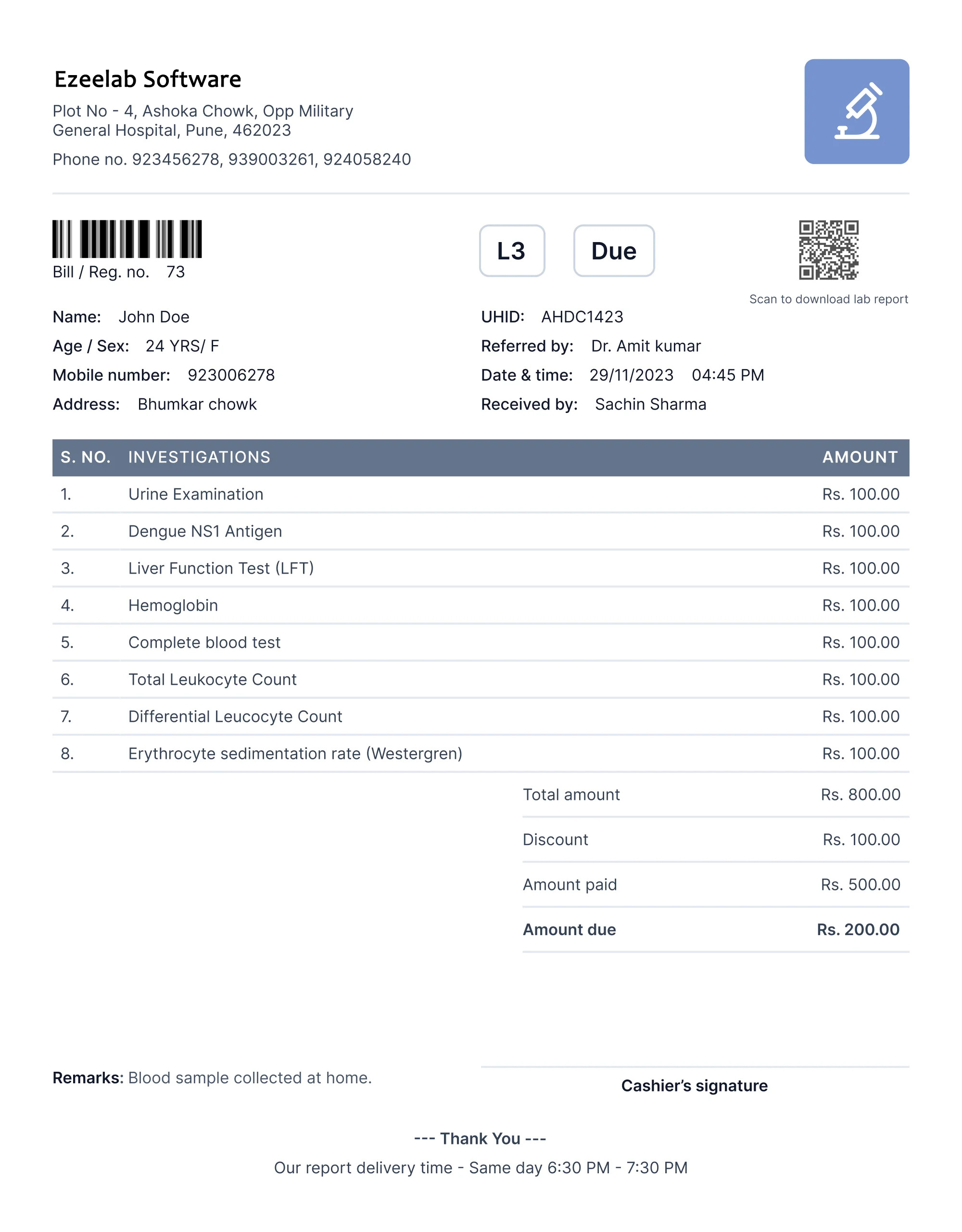 EzeeLab pathology software bill image