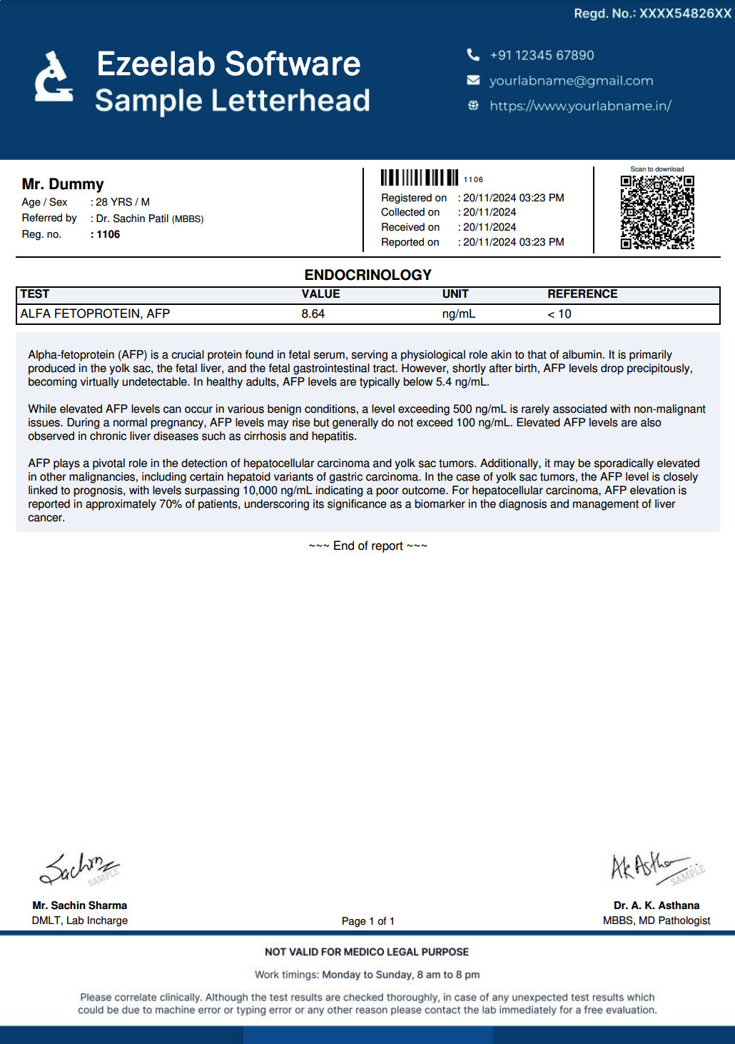Alfa Fetoprotein, AFP Report Format